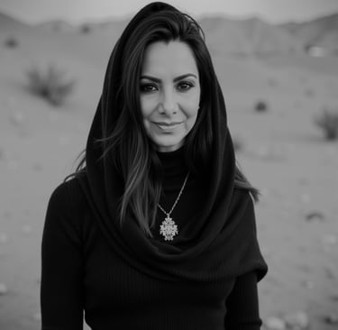 A black and white photo of LVF, a beautiful brunette and mystic wearing a gold pendant.