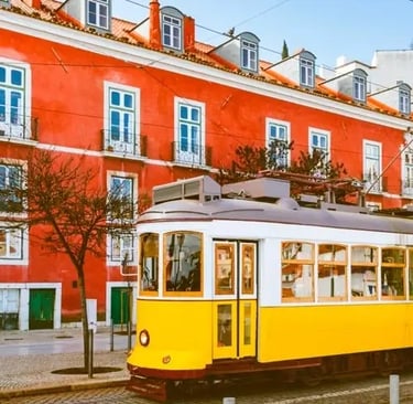 a trolley car on a city street in the city