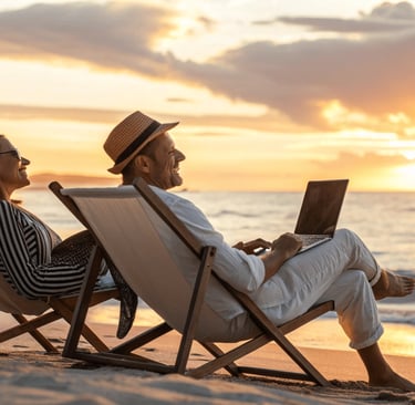a man and woman sitting on a beach chair