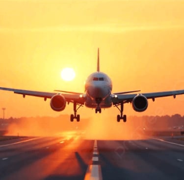 a plane taking off from the runway at sunset