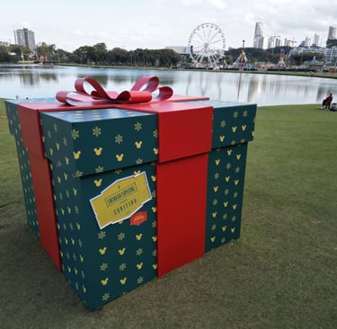 caixa de presente verde com laço vermelho e logo do mickey em um gramado verde em Curitiba