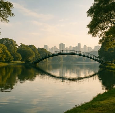 A imagem retrata a Ponte de Ferro Pôr do Sol no Parque Ibirapuera, em São Paulo.