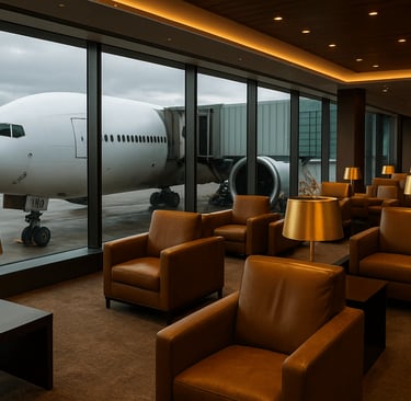 Sala com poltronas de couro, abajures dourados e carpete. Janelas largas com vidro e avião no fundo