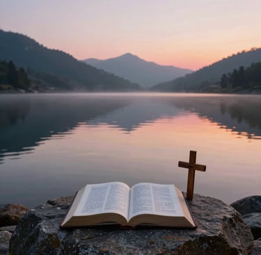 Open Holy Bible and wooden cross on a rock by a calm lake with mountain sunset background.