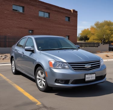 A row of parked cars is lined up along a street in front of a gray building. Snowflakes are gently falling, adding a serene atmosphere. The building features large windows and contains a sign for kimono rental services. Various cars, including a black sedan and a white compact car, are visible.