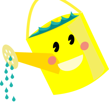 Illustration d’un arrosoir jaune souriant avec des joues roses, arrosant avec des gouttes d’eau bleu