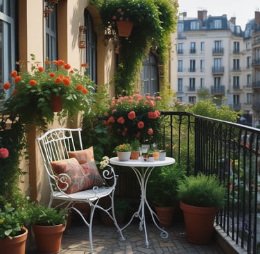 Petit balcon cosy avec mobilier en fer forgé blanc, table ronde, pots de géraniums fleuris.