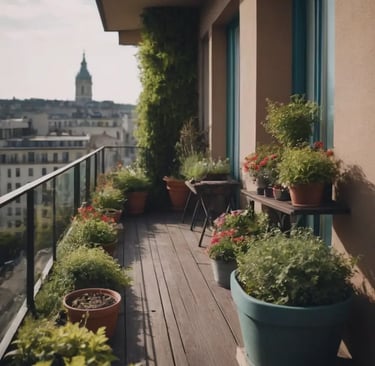 Balcon long et moderne rempli de plantes en pot avec vue panoramique sur les toits de la ville.
