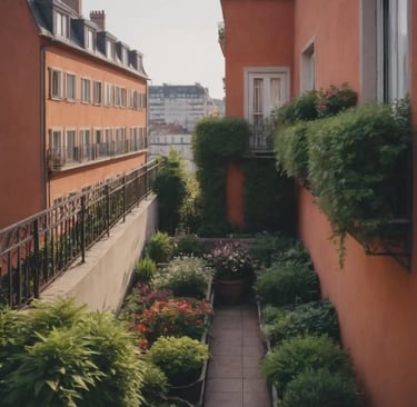 Balcon étroit fleuri entre deux immeubles aux murs orangés, bordé de plantes vertes et fleuries.