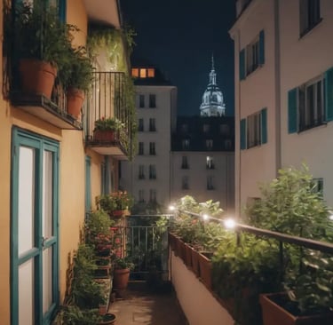 Balcon végétalisé de nuit, éclairé par des guirlandes lumineuses, avec vue sur un clocher éclairé