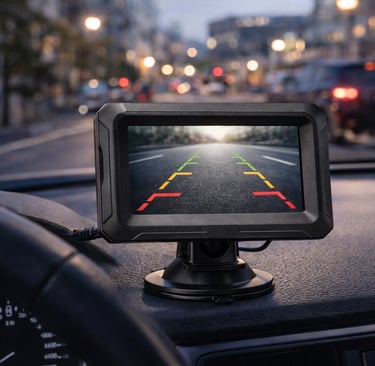 monitor de câmera de ré automotiva exibindo imagem traseira com linhas de guia no carro