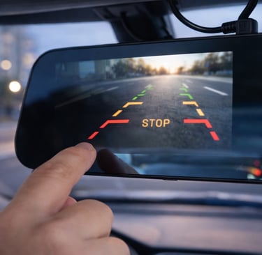 retrovisor com câmera de ré exibindo visão traseira com linhas de guia no carro