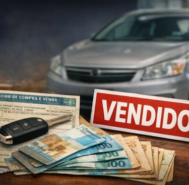 Documentos de transferência, dinheiro e chave de carro sobre mesa, com veículo usado ao fundo.