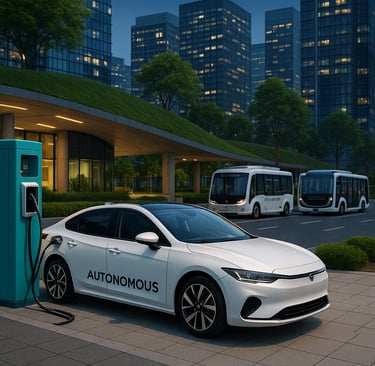 Carro elétrico branco autônomo conectado a estação de recarga moderna em cidade futurista