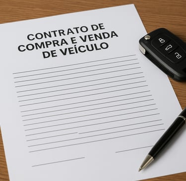 Contrato de compra e venda de veículo em mesa com chave e caneta ao lado