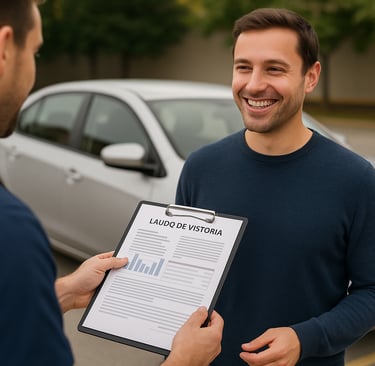 Cliente sorridente recebendo relatório impresso de vistoria de técnico em frente a um carro prateado