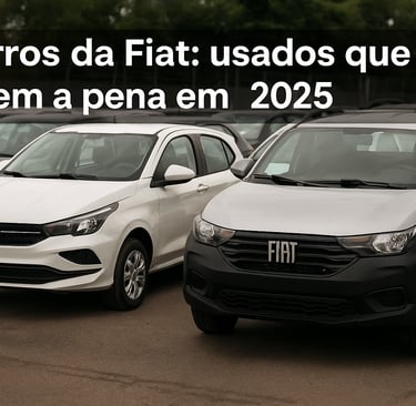 Carros Fiat usados alinhados em pátio, destaque para Argo, Cronos e Strada, prontos para venda