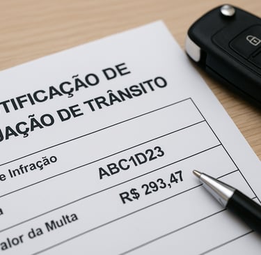 Notificação de autuação de trânsito em português sobre a mesa com chave de carro e caneta ao lado.