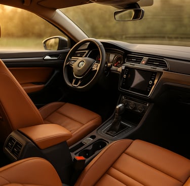 Interior de carro moderno com bancos de couro bege e painel limpo iluminado pela luz do pôr do sol