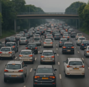 Trânsito intenso em rodovia com diversos carros, simbolizando a frota envelhecida no Brasil.
