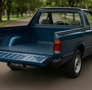 Ford Pampa azul vista por trás, com caçamba aberta e carroceria em destaque na rua arborizada.
