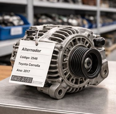 Alternador usado limpo e catalogado com etiqueta em ferro-velho organizado e profissional