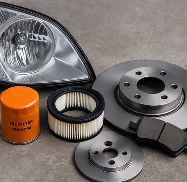 Conjunto de peças automotivas sobre superfície cinza, incluindo farol, filtro de óleo, filtro de ar,