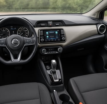 Interior do Nissan Versa com painel, volante multifuncional e central multimídia em destaque