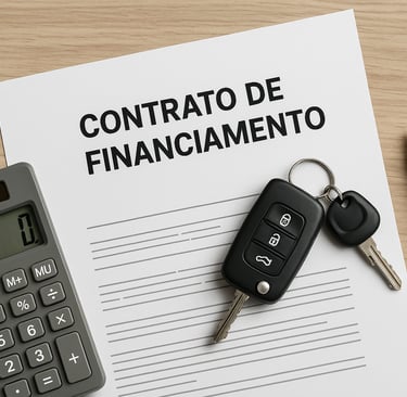 Contrato de financiamento de carro com chave, caneta e calculadora sobre a mesa de madeira