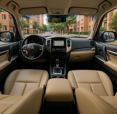 Interior da Mitsubishi Pajero Dakar visto do banco traseiro, mostrando painel, volante e bancos dian