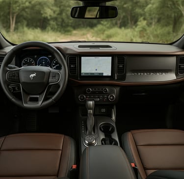 Interior moderno do Ford Bronco Sport 2025 com painel, volante multifuncional e central multimídia