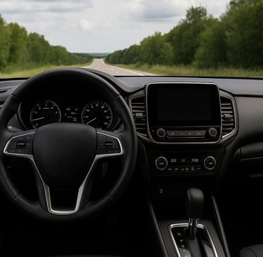 Interior de SUV moderno automático visto do banco do motorista, com volante, painel digital e câmbio