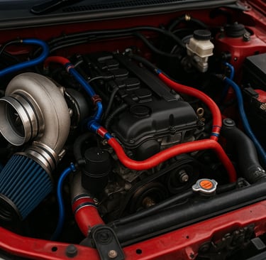 Motor de carro tunado usado com turbo esportivo, filtro de ar azul e mangueiras coloridas em destaqu