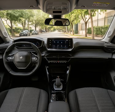 Interior de um Peugeot 2008 Allure usado, mostrando painel, volante e detalhes do acabamento em luz 