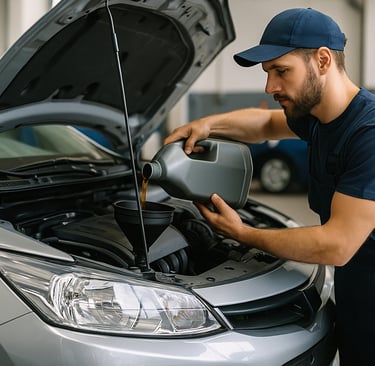 Mecânico despejando óleo de motor corretamente com funil em carro popular durante revisão