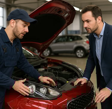 Mecânico explicando detalhes do motor a comprador durante inspeção de carro usado em oficina