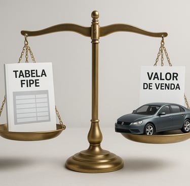 Balança comparando a Tabela FIPE com o Valor de Venda real de um carro usado