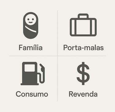 Matriz com ícones representando família, porta-malas, consumo e revenda para escolha de carro usado