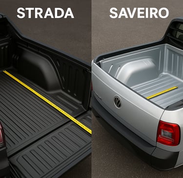 Comparação visual do espaço de caçamba entre Fiat Strada e Volkswagen Saveiro usadas