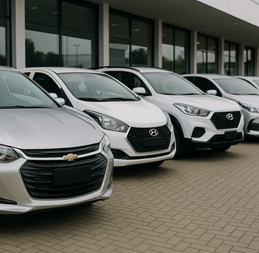Pátio de concessionária de carros usados com modelos populares no Brasil