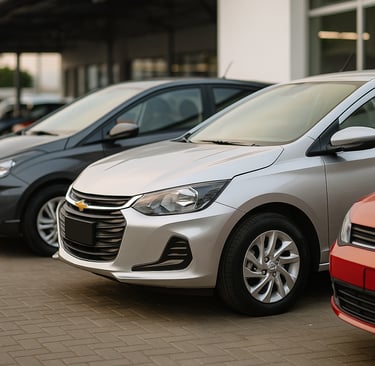 Três hatches seminovos alinhados em pátio de concessionária com leve desfoque ao fundo