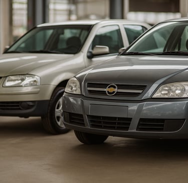 Volkswagen, Chevrolet e Fiat seminovos antigos alinhados em pátio coberto de concessionária