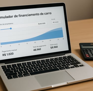 Simulador de financiamento de carro exibido em notebook com calculadora e caneta ao lado