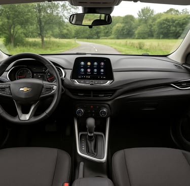 Interior do Chevrolet Tracker 2021 em destaque, mostrando painel moderno, multimídia e volante.