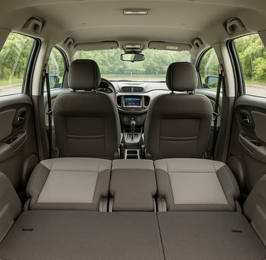Interior da Chevrolet Spin usada, mostrando bancos traseiros e terceira fileira parcialmente rebatid