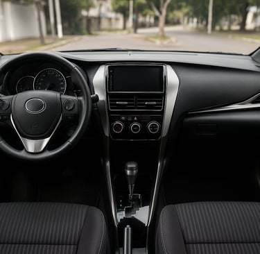 Interior do Toyota Yaris usado: painel, volante e câmbio CVT