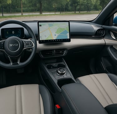 Interior do BYD Yuan Plus usado com painel digital e central multimídia moderna em destaque