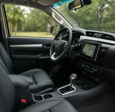 Interior da Toyota Hilux cabine dupla usada com bancos de couro e central multimídia, destacando con
