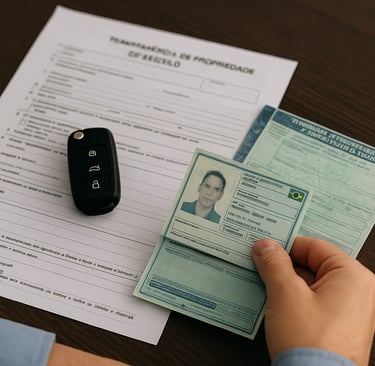 Documentos automotivos essenciais organizados em mesa de madeira para checklist de transferência.