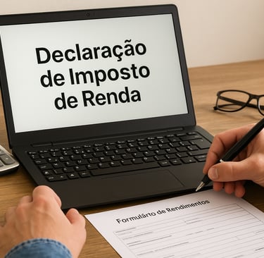 Mão digitando em notebook com formulário em português escrito “Declaração de Imposto de Renda”, chav